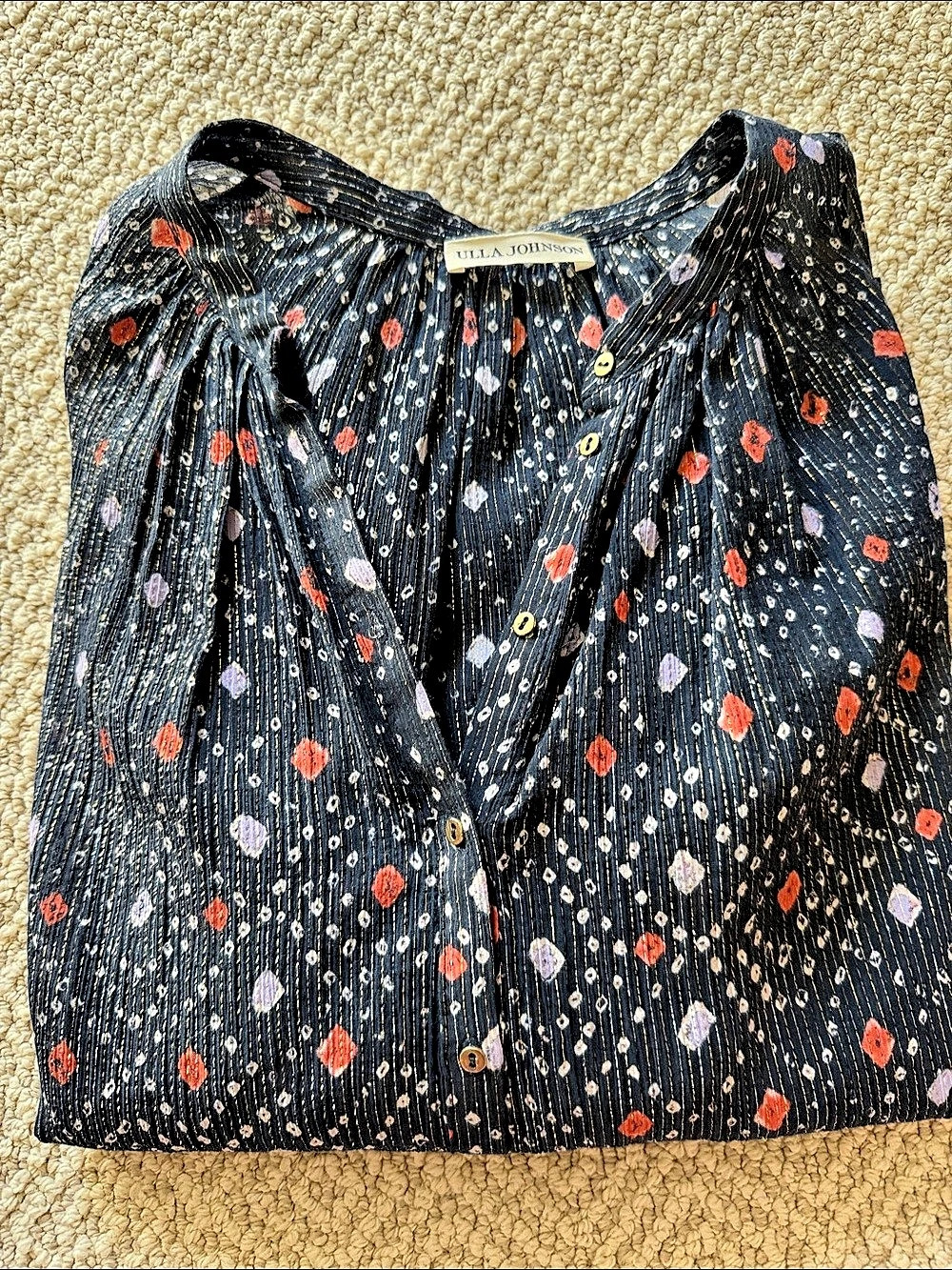Ulla Johnson Floral Pleated Blouse in Blue & Metallic, Like New
